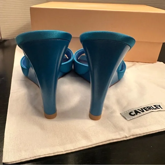CAVERLEY Ozi Wedge Heels - Blue Satin & Leather Sculptured heeled mules Sz39 NEW - Picture 7 of 10